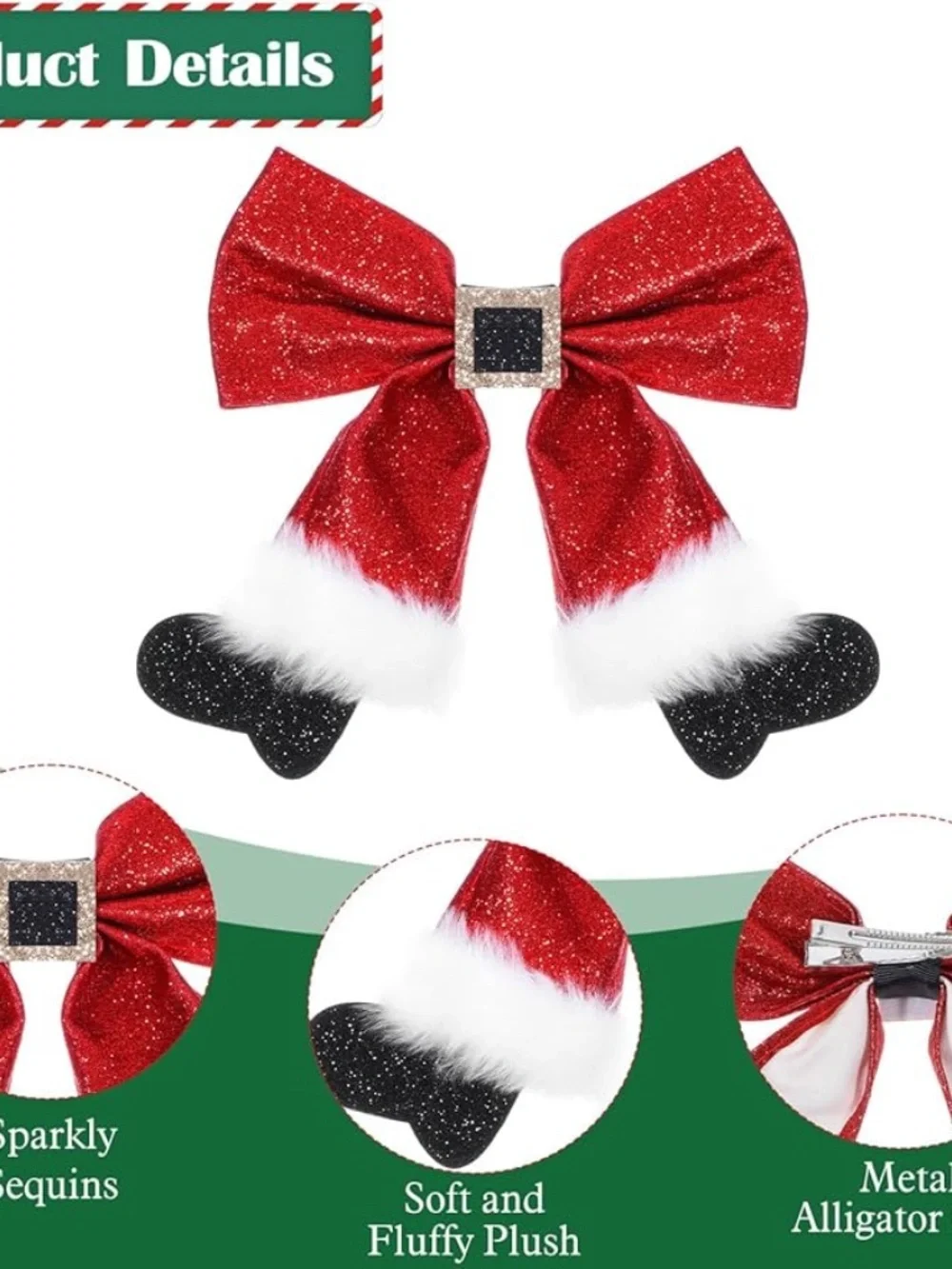 Christmas Glitter Bow Hair Clips Set of 2 Red Green Sequin Santa Holiday NWOT